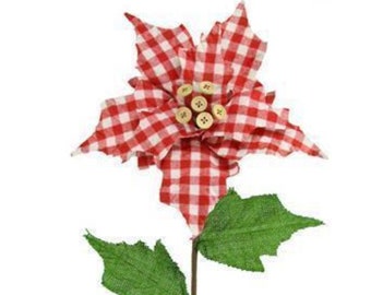 Gingham Check Christmas Poinsettia Flower w/ Buttons & Burlap Leaves-Farmhouse Style Christmas Decor-Holiday Home Decor-Spray/Pick