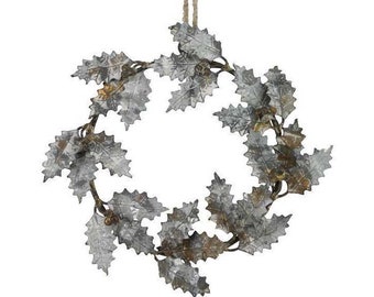 8.25" Metal Christmas Wreath-Holly Leaves & Berries Wreath-Rustic Galvanized Farmhouse Christmas Decor-Holiday Decor-Floral Supply