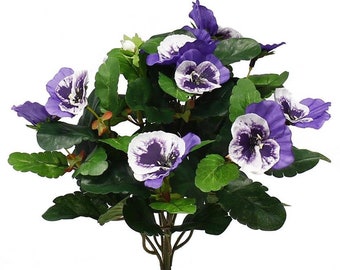 Artificial Pansy Flower Bush, Purple & White - 10"