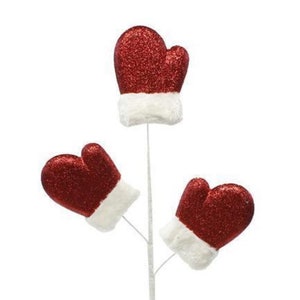 Three red glittered mittens with fur cuffs measuring 5" T x 4" W attached to a floral spray with wire for a total floral spray length of 28".  Each mitten is attached individually to the spray and can be bent and shaped as desired.