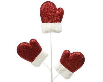 28" Christmas Spray-Glittered Mittens w/ Fur-Christmas Floral for Christmas Tree Wreath or Vase-Christmas Decor-Holiday Decor-Floral Supply