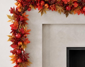 Fall Garland - Autumn Leaves Pomegranates & Berries - Thanksgiving Decor - 4 Feet