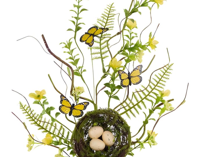 26" Butterfly Spray, Spring Greenery Stems Faux Fern Leaf Spray with Bird Nest Butterfly Flowers and Branches