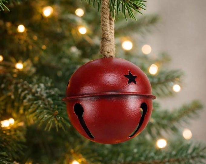 Antique Red Jingle Bell Ornament, Rustic Farmhouse Christmas Decor, Metal Hanging Bell