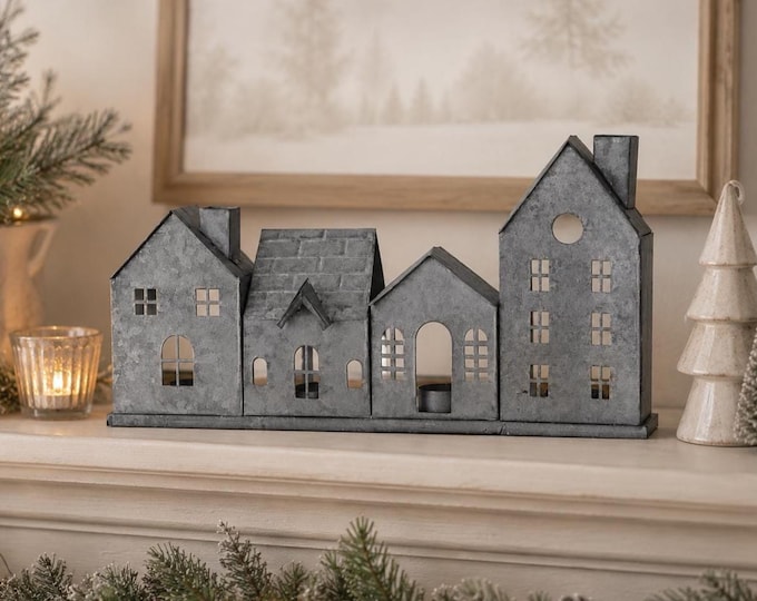 Row of Rustic Metal Houses Christmas Village House Lantern for Centerpiece Mantel or Wreath Attachment - 14.75"