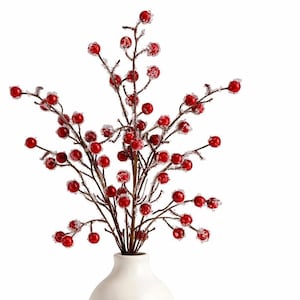 May include: A decorative floral arrangement featuring red berries on brown stems, dusted with white frost. The arrangement is displayed in a white ceramic vase, perfect for holiday or winter decor.