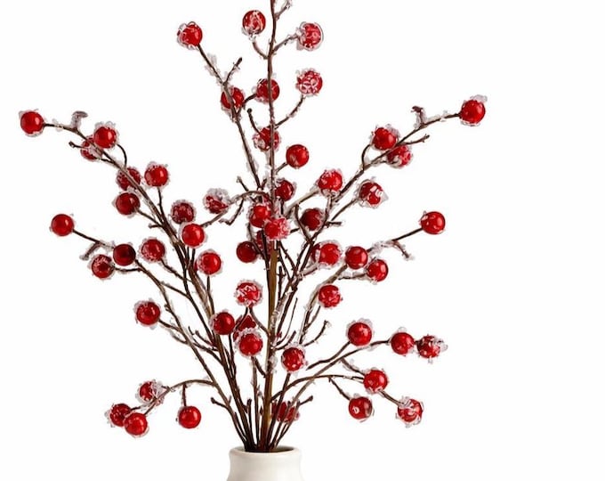 Faux Red Berry Branch, Iced Winter Stem, Christmas Holiday Decor, Vase Filler - 21"