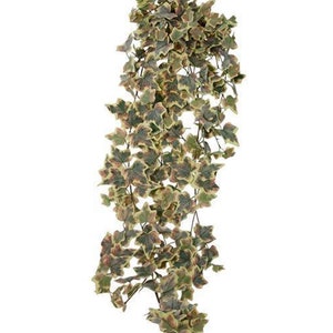 May include: A long garland of artificial ivy with green and brown leaves. The leaves have a variegated pattern.