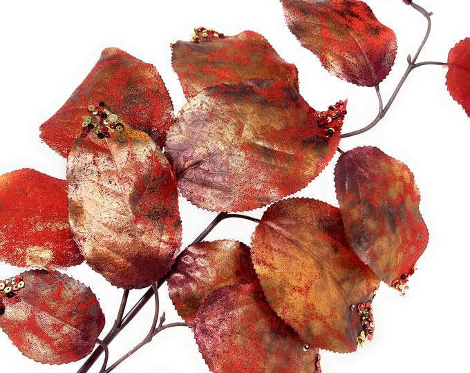 30" Faux Salal Fall Leaf Stems Copper Burgundy with Foiled Fabric Leaves and a touch of Sequins, Fall Floral Stems