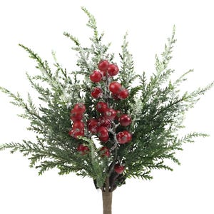 14&quot; Iced Pine Red Berry Pick Spray on Stem, Christmas Greenery, Winter Greenery, Holiday Home Decor