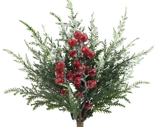 14" Iced Pine Red Berry Pick Spray on Stem, Christmas Greenery, Winter Greenery, Holiday Home Decor