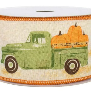 2.5&quot; x 10 YDS Wired Fall Vintage Truck & Pumpkin Farmhouse Ribbon-Fall Truck Decor-Wreath Making Supplies-Floral Supply