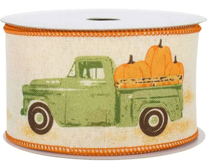 2.5" x 10 YDS Wired Fall Vintage Truck & Pumpkin Farmhouse Ribbon-Fall Truck Decor-Wreath Making Supplies-Floral Supply