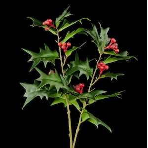 Christmas Stems, Faux Holly Berry Leaf Spray on Stem, 21”