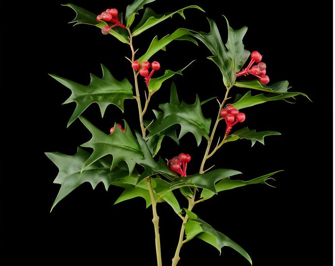 Christmas Stems, Faux Holly Berry Leaf Spray on Stem, 21”
