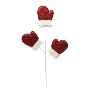 Three red glittered mittens with fur cuffs measuring 5" T x 4" W attached to a floral spray with wire for a total floral spray length of 28".  Each mitten is attached individually to the spray and can be bent and shaped as desired.