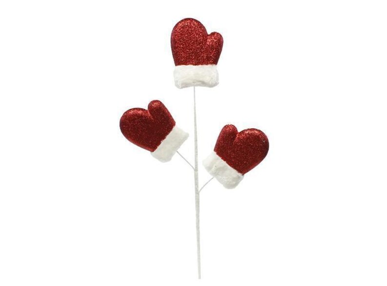 Three red glittered mittens with fur cuffs measuring 5" T x 4" W attached to a floral spray with wire for a total floral spray length of 28".  Each mitten is attached individually to the spray and can be bent and shaped as desired.