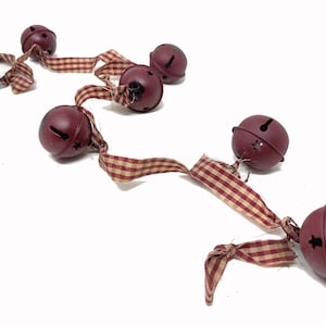 4 FT Primitive Jingle Bell Garland, Rustic Christmas Garland, Burgundy Jingle Bells with Cutouts and Check Ribbon, CHOOSE 1" or 2" Bells