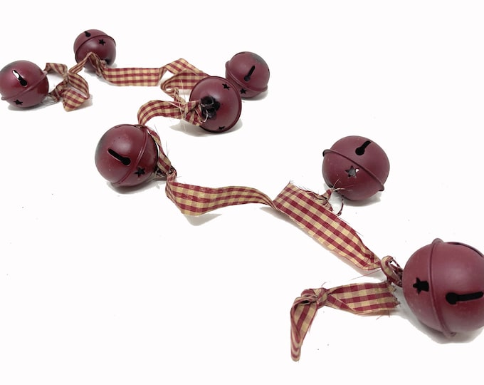 4 FT Primitive Jingle Bell Garland, Rustic Christmas Garland, Burgundy Jingle Bells with Cutouts and Check Ribbon, CHOOSE 1" or 2" Bells