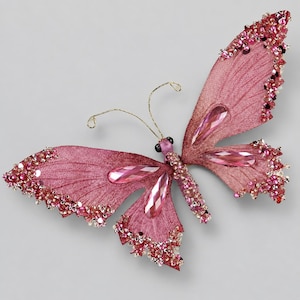 Jeweled Pink Butterfly Clip, Christmas Ornament, Tree or Wreath Attachment - 7"