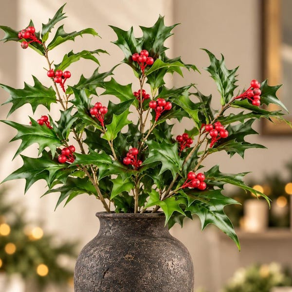 Christmas Stems - Faux Holly Berry Leaf Branch Spray  - 21”