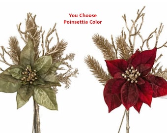 Christmas Poinsettia Flower Spray Pick Stem w/ Metallic Champagne Pine Needles-Christmas Decor-Holiday Home Decor-Floral Supply-6" x 12"