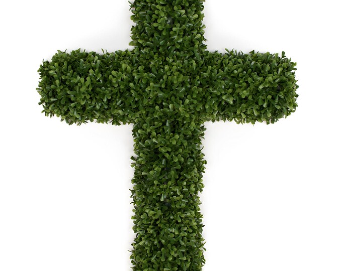 Outdoor Boxwood Cross Wreath for Front Door Weatherproof UV Protected Cemetery Cross Wreath, Easter Wreath - 26 Inches