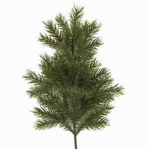 May include: A green artificial pine branch with multiple needles. The branch has a central stem and several smaller branches extending outwards. The needles are a deep green color, and the overall appearance is naturalistic. The branch is isolated on a white background.