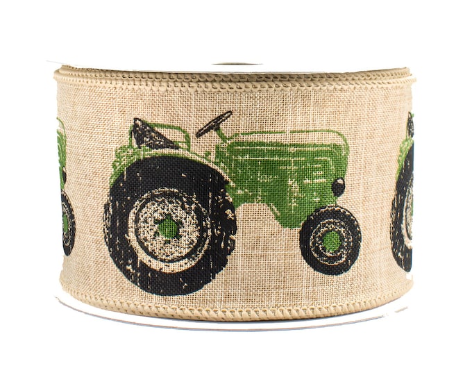 2.5" X 10 YDS Tractor Ribbon on Royal Burlap Light Beige Ribbon Roll, Wired, Farmhouse Country Decor, Wreath Floral Supply, Ribbon for Bows