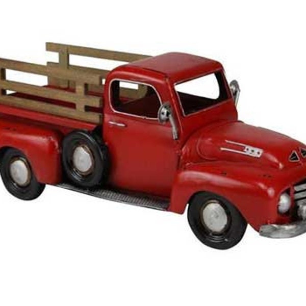 16" Red Metal Vintage Truck Planter w/ Fence-Farmhouse Truck-Christmas Decor-Farmhouse Decor-Old Fashioned Pickup Truck-Floral Supply