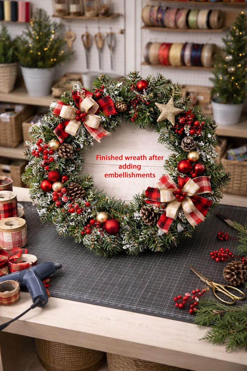 Pine Wreath Form on Wire Frame Artificial Faux Undecorated DIY Ready to Decorate image 4