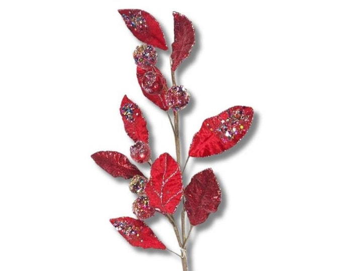 30" Christmas Stems, Christmas Magnolia Leaf on Stem with Pomegranate and Sequin Bead Accents