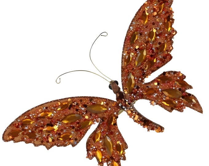 Sequin Beaded Copper Butterfly with Clip, Christmas Butterfly Ornament, Wreath Attachment, DIY Floral Supply 8" x 4"