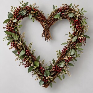 K&ouml;nnte beinhalten: Ein herzf&ouml;rmiger Kranz aus braunen, ineinander verschlungenen Zweigen, verziert mit kleinen roten Beeren, gr&uuml;nen Bl&auml;ttern und winzigen wei&szlig;en Bl&uuml;ten. Die Zweige sind zu einer deutlichen Herzform mit einer Spitze an der Unterseite geflochten.