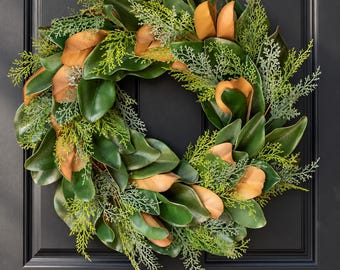 Christmas Wreath for Front Door - Magnolia Leaves & Cedar Winter Greenery - 24"