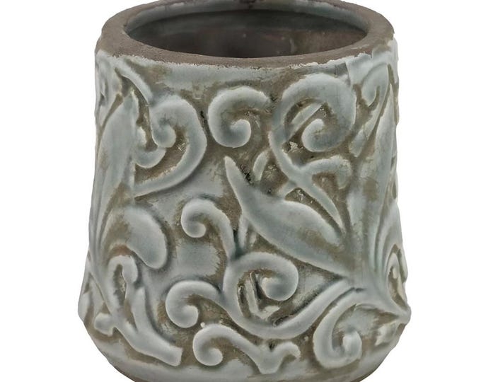 Small Glazed Stoneware Planter with Leaf Design – Rustic Ceramic Plant Pot for Succulents and Floral Arrangements
