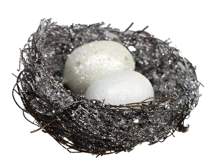 Decorative Bird Nest Natural Angel Vine with Eggs and Silver Glittered Accents, Wreath or Tree Attachment, Choose Size