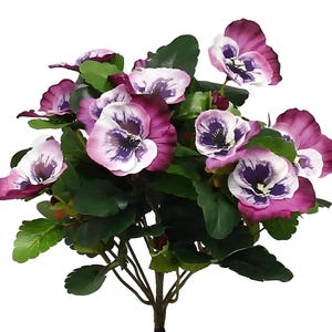 May include: A bouquet of artificial purple and white pansies with green leaves. The pansies have a white center with purple and white markings.