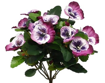 Artificial Pansy Flower Bush, White & Magenta -10"