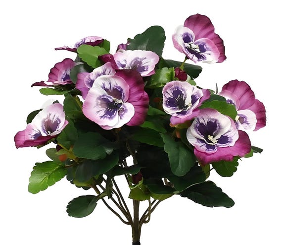 Artificial Pansy Flower Bush, White & Magenta -10"
