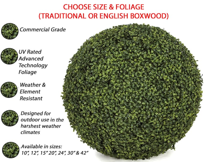 Large UV Resistant Outdoor Boxwood Topiary Balls, Faux Greenery Planter Filler, Choose Size