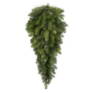 May include: A cascading, artificial evergreen swag with a metal hanging loop. The swag is composed of dense, realistic-looking green pine needles, creating a full and textured appearance. Ideal for seasonal decor, it offers a natural aesthetic.