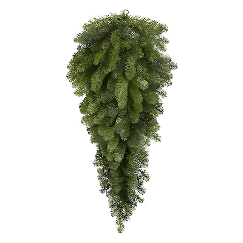 May include: A cascading, artificial evergreen swag with a metal hanging loop. The swag is composed of dense, realistic-looking green pine needles, creating a full and textured appearance. Ideal for seasonal decor, it offers a natural aesthetic.