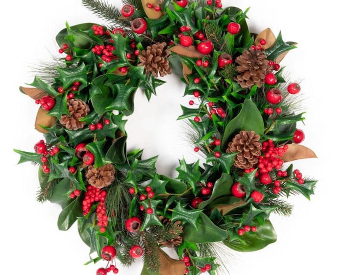 24" Magnolia and Holly Christmas Wreath with Berries and Pinecones