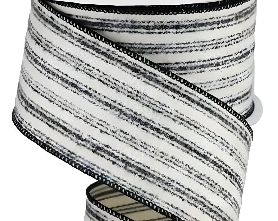 Party Ribbon Fuzz Fuzzy Ticking Stripe Ribbon, Black & Ivory Wired Edge (2.5