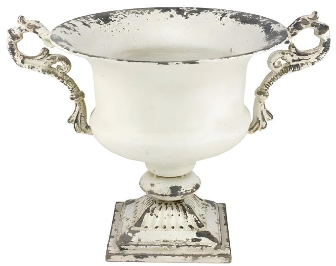15.5" X 11.25" Metal Pedestal Urn, Trophy Urn, French Urn Planter Vase with Distressed Finish Antique White Vintage Inspired