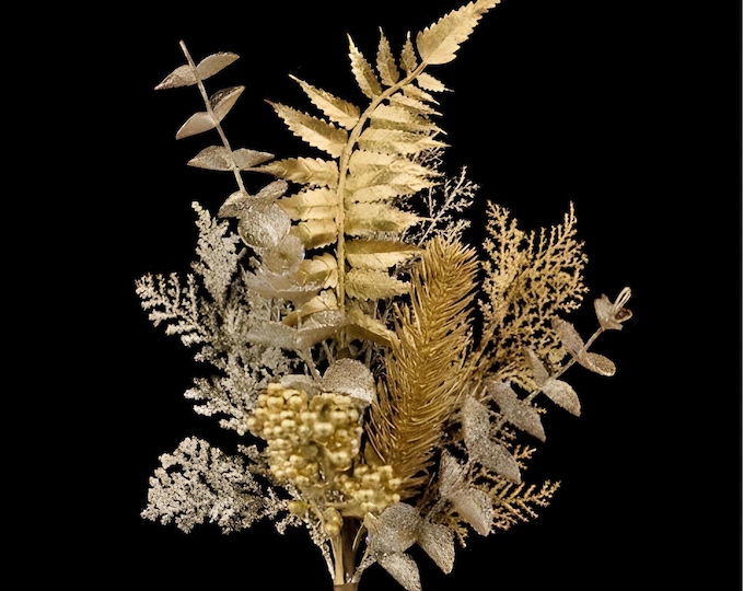 Metallic Gold and Champagne Cedar Spray on Stem with Spruce and Fern Accents