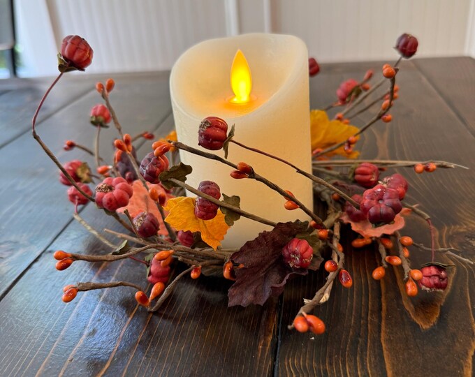 Fall Pumpkin & Twig Candle Wreath – Rustic Autumn Candle Ring – Mini Harvest Wreath for Table Decor or Mantel
