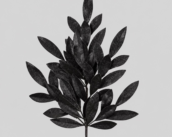 23" Black Glittered Bay Leaf Spray, Vase Filler Stems