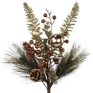 21&quot; Christmas Stems, Faux Mixed Pine Spray on Stem Metallic Copper and Gold with Fern Cone and Ball Accents
